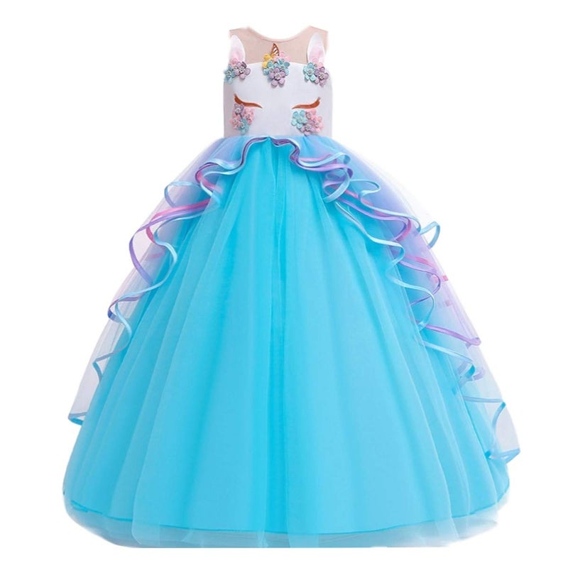 HIHCBF Girls Unicorn Costume Pageant Princess Party Dress Wedding Birthday Halloween Carnival Long Maxi Gown w/Headband Blue 4-5T - Image 2